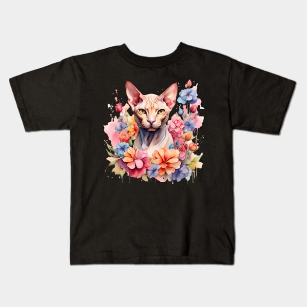 A sphynx cat decorated with beautiful watercolor flowers Kids T-Shirt by CreativeSparkzz